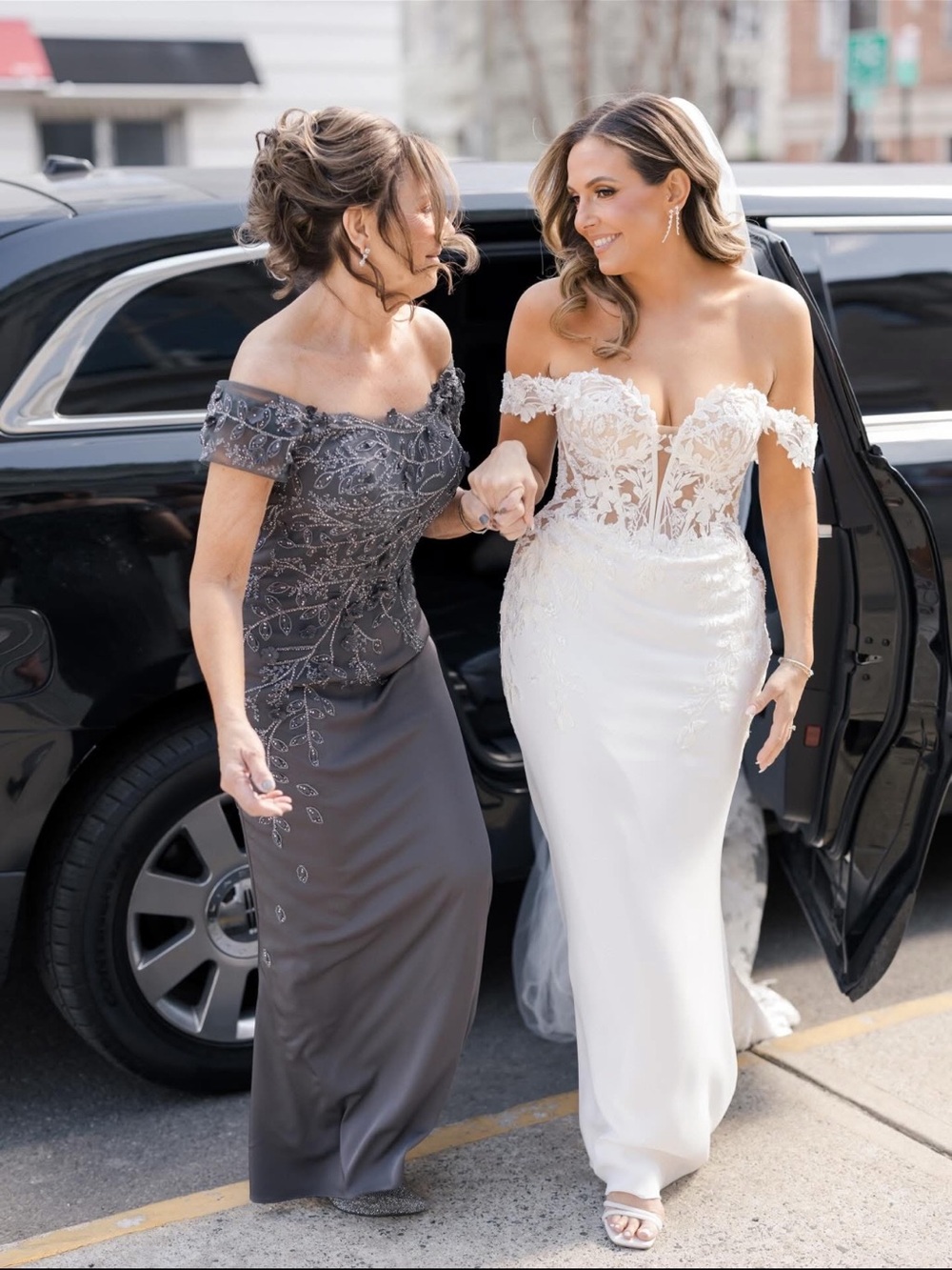 Off-Shoulder Lace Bodice Wedding Dress in White